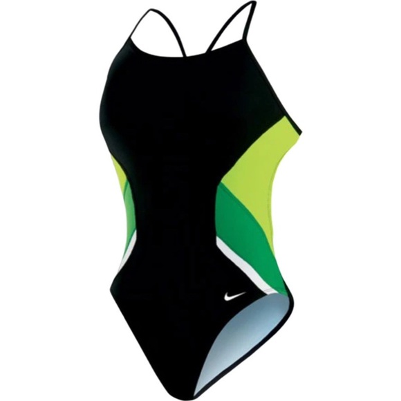 Nike Swim Woman’s Poly Team Splice Cut-Out Tank Swimsuit black green size 10 - Picture 1 of 13
